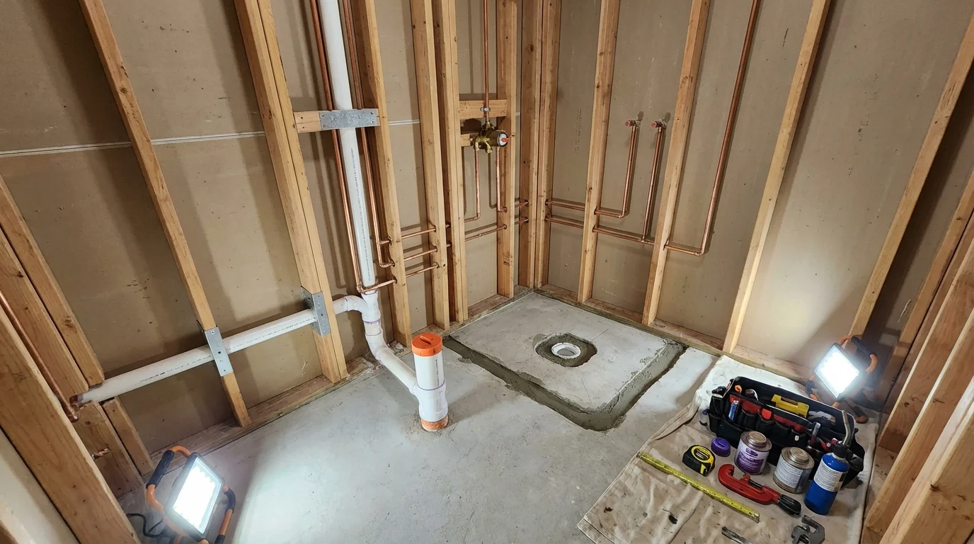 Bathroom rough-in plumbing during remodel by Johns Plumbing LLC in Santa Clarita