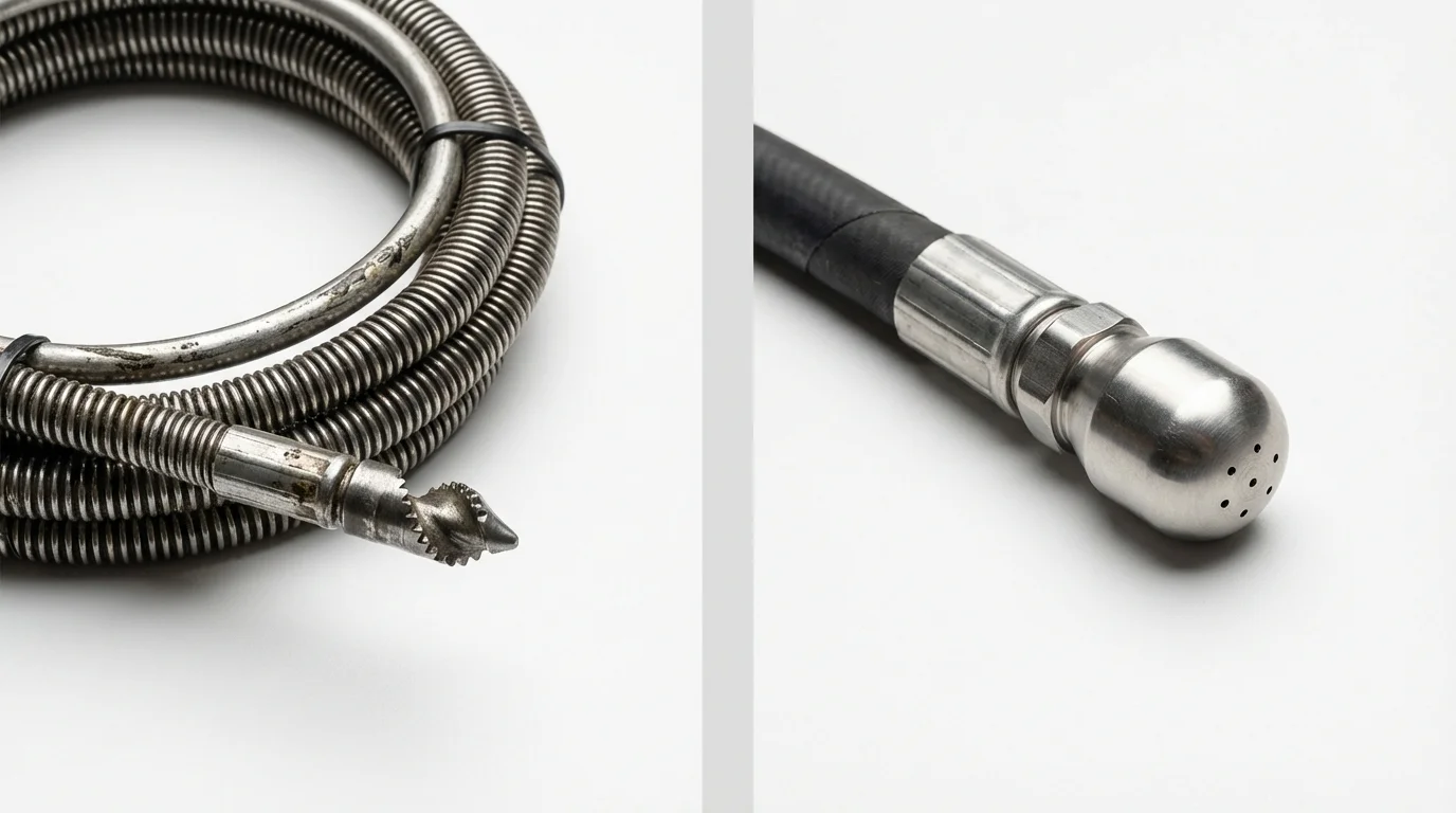 Drain snake cable and hydro jetting nozzle used for drain cleaning in Santa Clarita, CA
