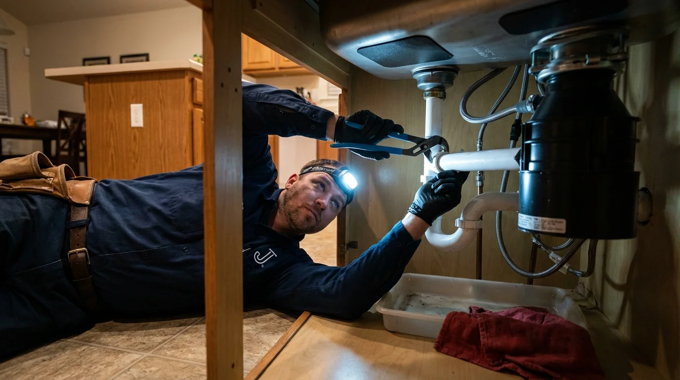 P-trap and supply line connections under a kitchen sink showing a common leak point in Santa Clarita, CA